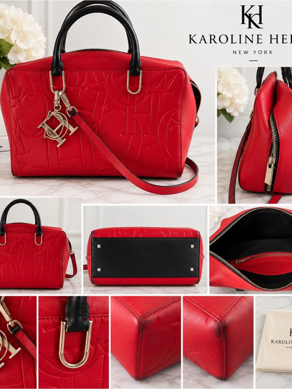 Carolina Herrera Red Embossed Satchel with Black Handles